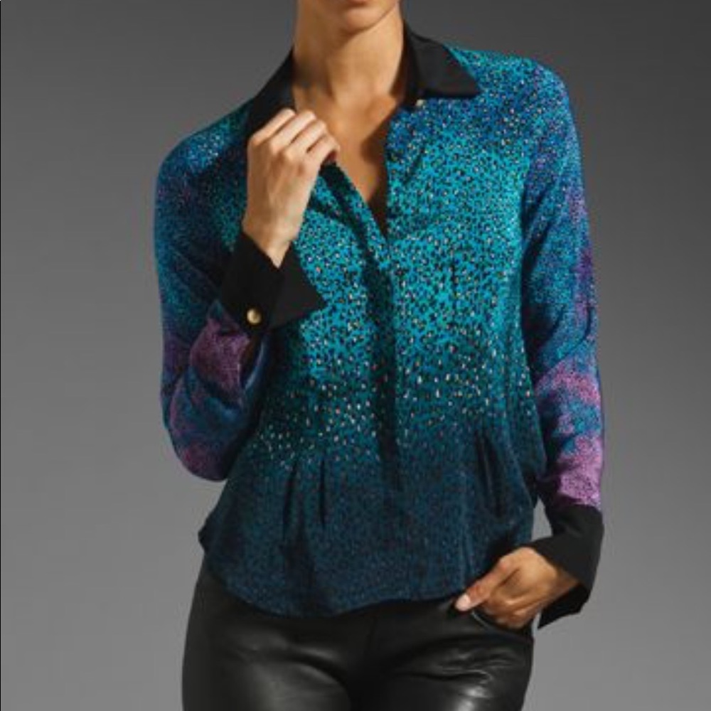 Nanette Lepore Firefly NWT 100% Silk Leopard Blouse 8 Teal Purple Pleated Top